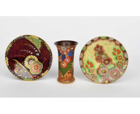 'Bell' a Wiltshaw & Robinson Carlton Ware pedestal bowl, pattern no.3788, printed and painted in colours and gilt on a red lu
