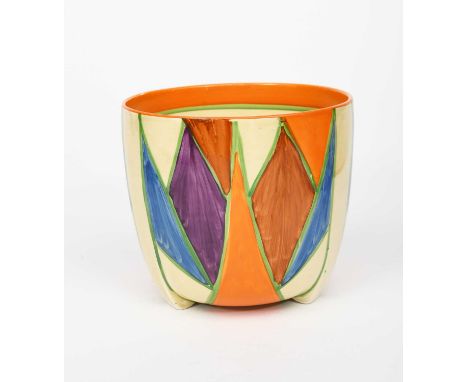 'Original Bizarre' a Clarice Cliff Bizarre Dover jardiniere, painted with a band of triangles and diamonds in blue, orange, p