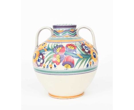 A Carter Stabler and Adams Poole Pottery Fuchsia twin-handled vase by Ann Hatchard,  ovoid, twin-handled form, painted in col