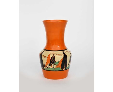 'Oranges Trees and House' a Clarice Cliff Bizarre vase, shape no.386, painted in colours between orange and black bands, prin