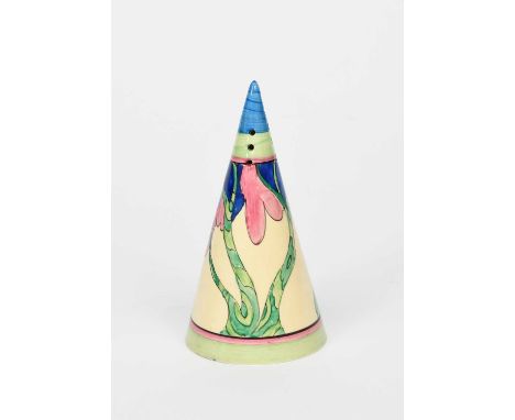 'Rudyard' a Clarice Cliff Bizarre Conical sugar sifter, painted in colours between green, pink and blue bands, printed factor