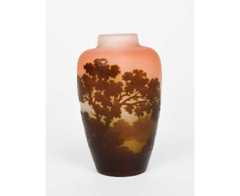 An Art Nouveau Galle cameo glass Landscape vase designed by Emile Galle,  shouldered opaque glass with pink blush to shoulder