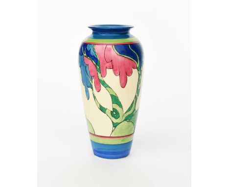 'Rudyard' a Clarice Cliff Bizarre vase, shape no.120, painted in colours between blue, pink and green bands, printed factory 