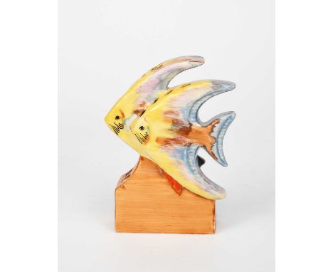 A Clarice Cliff Bizarre Fish pen holder, shape no. 424, modelled as two angel fish, painted in colours, printed factory mark,