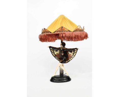 A Goldscheider Pottery The Captured Bird lamp base designed by Josef Lorenzl, model no.5230, with original silk shade, modell