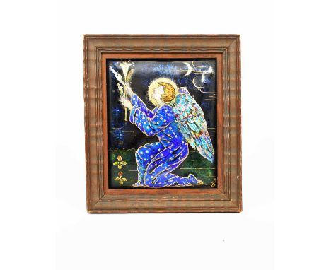 ΦErnestine Mills (1871-1959)The Angel of Nightan enamel of a kneeling angel offering up a white lily, framedsigned EM monogra