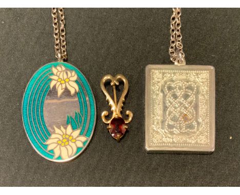 Jewellery - a 9ct gold mounted garnet pendant, 1.6g gross;  silver Celtic book pendant necklace;  oval enamelled save the wil