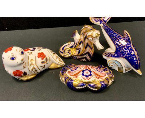 Royal Crown Derby Paperweights - Seahorse, Dolphin, Crab, all gold stoppers;  Seal, silver stopper (4) 