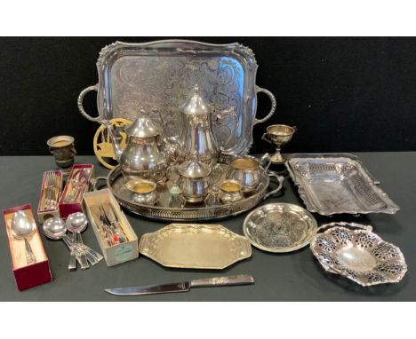 A Silver plated four piece tea set;  community plated flatware;  shaped rectangular tray etc 