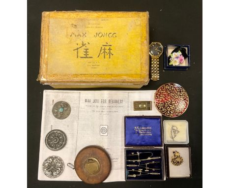 Boxes &amp; Objects - a Chinese Bamboo tile Mah Jong set, boxed with instructions;  wristwatch,  brooches, compact etc 