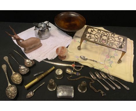 Boxes and Objects- a George V silver cigarette case, Chester 1924; miniature telescope, brass trivet, flatware etc 