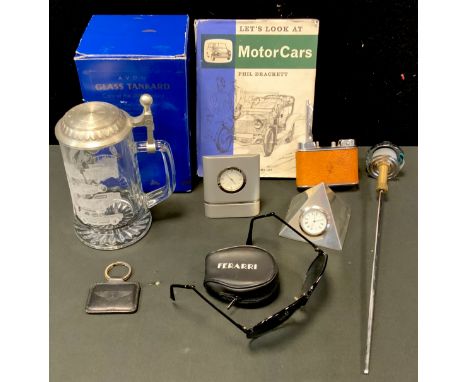 Automobilia - a large vintage Renault leather bound chrome lighter;  Bentley Key Ring, Ferrari folding sun glasses;  Volvo si