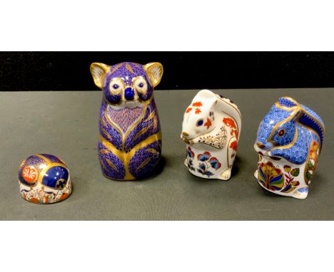 Royal Crown Derby Paperweights - Debenham Squirrel, silver stopper; Koala Bear, gold stopper;  Squirrel, silver stopper;  Blu