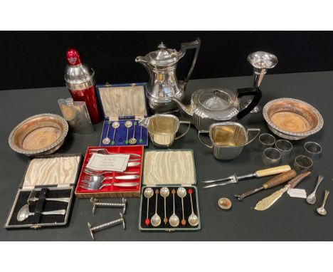 Plated ware - EPNS four piece tea and coffee service; two cases of enamel coffee bean spoons; bud vase; cocktail shaker; etc 