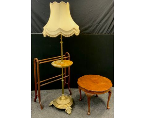A late 19th / early 20th century brass rise and fall standard lamp, converted for use with electricity;  a burr walnut circul