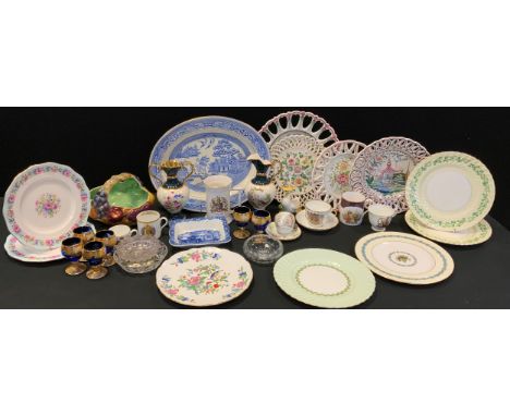 A Staffordshire Dresden Wreath part tea service;  Wedgwood Jasper Ware;  Moore Brothers vase;  floral encrusted miniatures;  