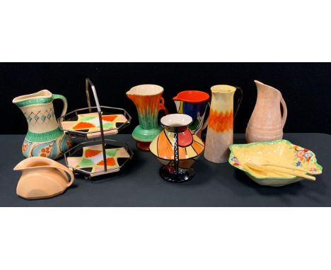 A Lorna Bailey Sunburst pattern vase; Art Deco and other jugs, inc Wade, Myott, Sadler, Crown Devon Salad Bowl etc 