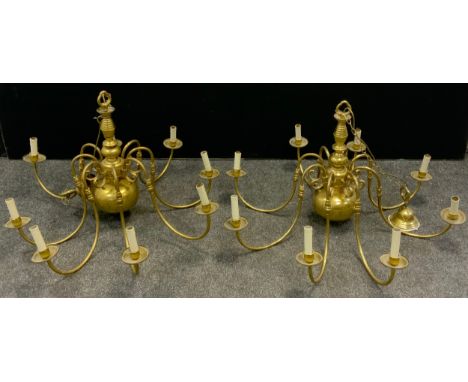 Interior design - Light fittings - A pair of large eight-branch 19th century style brass chandeliers, 55cm tall x 108cm wide,