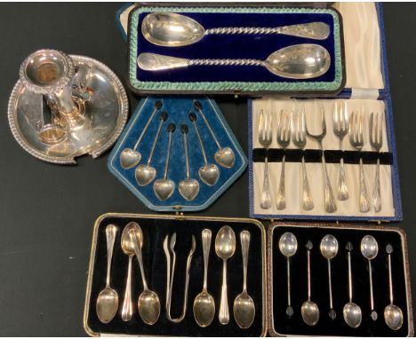 Silver - Silver plated Chamber stick, 1820, Sheffield; Matthew Boulton; a set of six heart shaped coffee bean spoons, Sheffie