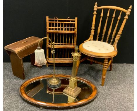 A mid 20th century bamboo spice rack, kitchen shelf, 67cm x 38cm;  a late 19th century walnut kitchen chair;  a brass rise an