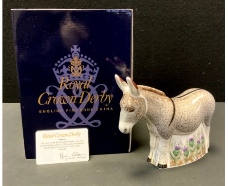 A Royal Crown Derby Paperweight Donkey, limited edition Visitors Centre exclusive, 34/150, gold stopper, 15cm high, signed by