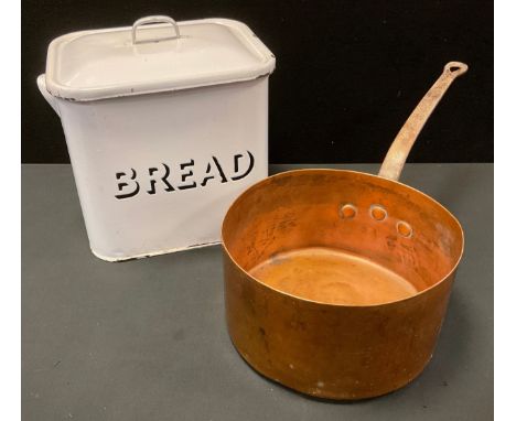 A white enamel bread bin and cover;  large copper saucepan, iron handle, indistinctly marked, possible Matfer, 29cm diameter 
