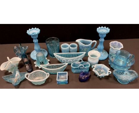 Sowerby and Davidson Press Moulded Blue  Glass - boat shaped baskets;  jugs;  night light;  spill vases;  basket;  shoe;  etc