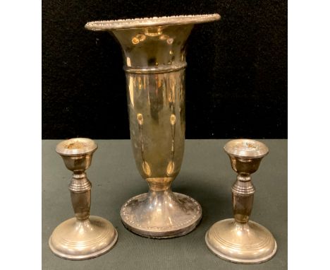 Silver bud vase, weighted base, Birmingham, 1818 comprising pair of candlesticks (2) 