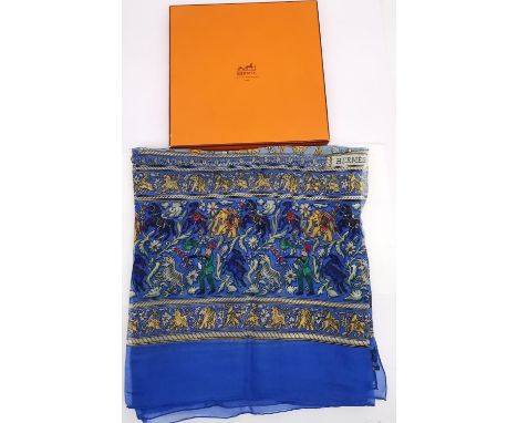 A boxed Hermes 'Chasse en Inde' (blue border) silk scarf by Michel Duchene, 1986. 132x112cm 