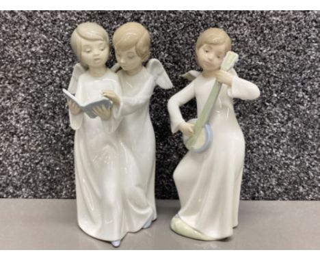 2x Nao by Lladro figures - angel pair with book &amp; angel playing the banjo