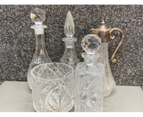 3 leaded crystal glass decanters with stoppers together with silver plated topped claret jug &amp; bowl