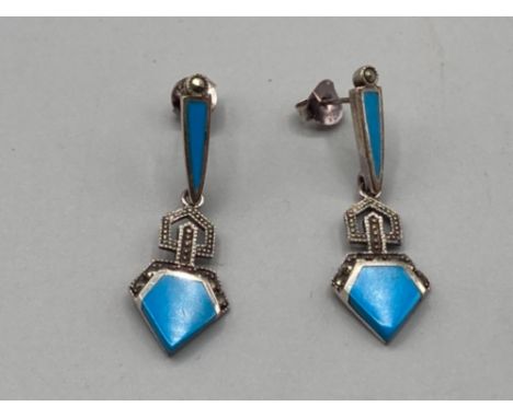 A pair of silver turquoise and marcasite drop earrings