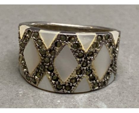 Silver Mother of Pearl &amp; Marcasite band ring, size O1/2, 8g gross