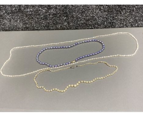 Lavender pearl necklace with 14k gold catch along with another pearl necklace with silver &amp; Marcasite catch, also include