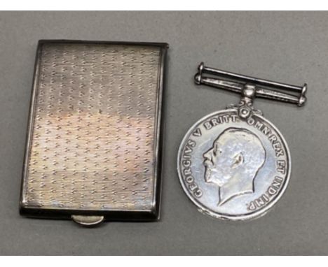 Silver WWI 1914-1918 George V war medal with original hallmarked Birmingham silver 1927 case, 68.7g