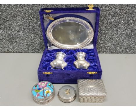 A vintage silver plated creut set in velvet case, and three metal trinkets one with cloisonne decoration