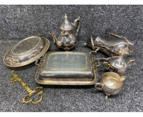 Silver plated 4 piece tea service together with 2x lidded tureens &amp; brass key hook wall fixture