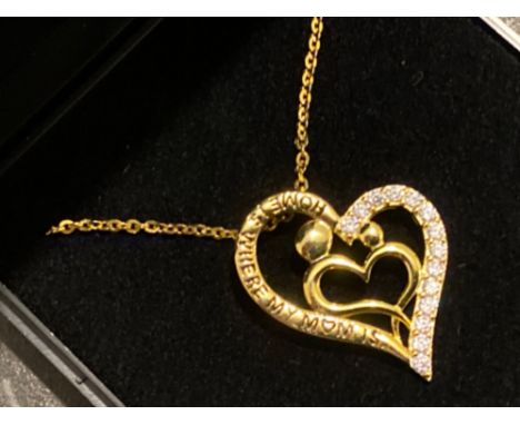 Silver gilt heart shape pendant &amp; chain, heart inscribed “home is where my mum is” with CZ stones, 4.3G gross