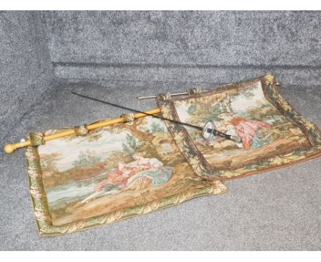 Two tapestry wall hangings and a foil
