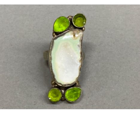Silver, Geode &amp; Peridot ring, size P