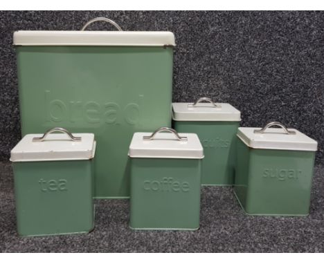 Vintage enamelled kitchen storage set, includes Bread, Biscuits, Sugar, Coffee &amp; Tea containers