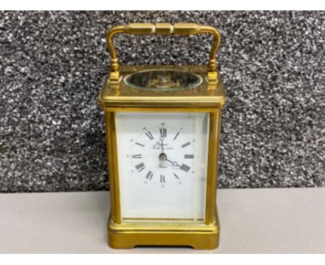 R.Richardson silversmiths Darlington brass carriage clock with key &amp; original box