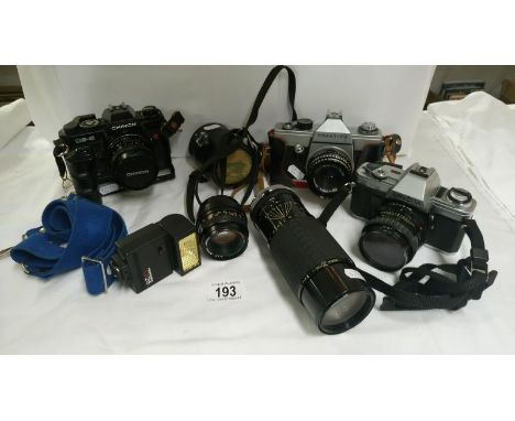 A Minolta X-300 Chinon CE-5 and Praktic cameras, lenses etc