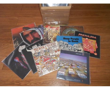 A box of approximately 60 progressive rock LP records including Jimi Hendrix, Frank Zappa, Rush, Tangerine Dream, Uriah Heep 
