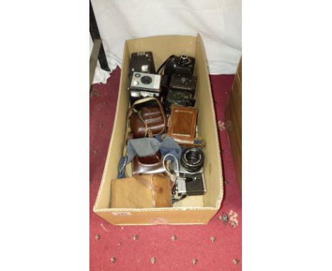 A collection of 10 camera's including Hawkeye, Ace, Ensign, Full-vue, Autographic Kodak, Ilford sports man etc