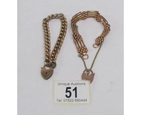 A 9ct gold gate bracelet with padlock &amp; a bracelet the padlock is gold but no Hallmark on bracelet (shows wear)
