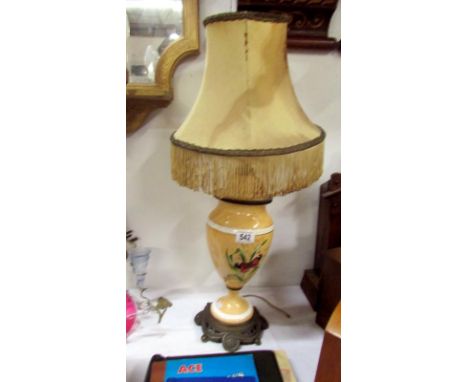 A Victorian hand painted table lamp with metal base & silk shade