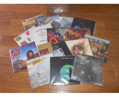 A box of approximately 60 progressive and classic rock LP records including Beatles, Led Zeppelin, Elvis, John Martyn, The Wh