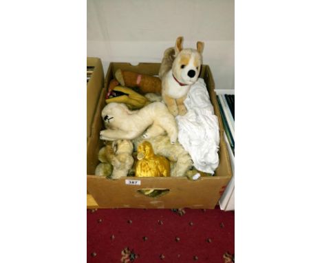 5 teddy bears including Steiff and Deans, a Steiff dog and cat, 2 dog pyjama cases, 4 other animals and a christening gown