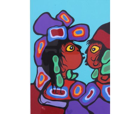 Norval Morriseau, CANADIAN 1932 - 2007, coloured print, framed under glass, 17 x 25cm 